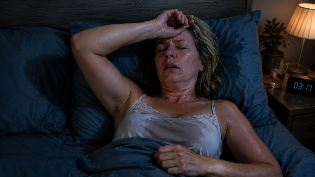 Kvinde i overgangsalderen ligger vågen om natten og har svært ved at sove på grund af hormonelle forandringer.